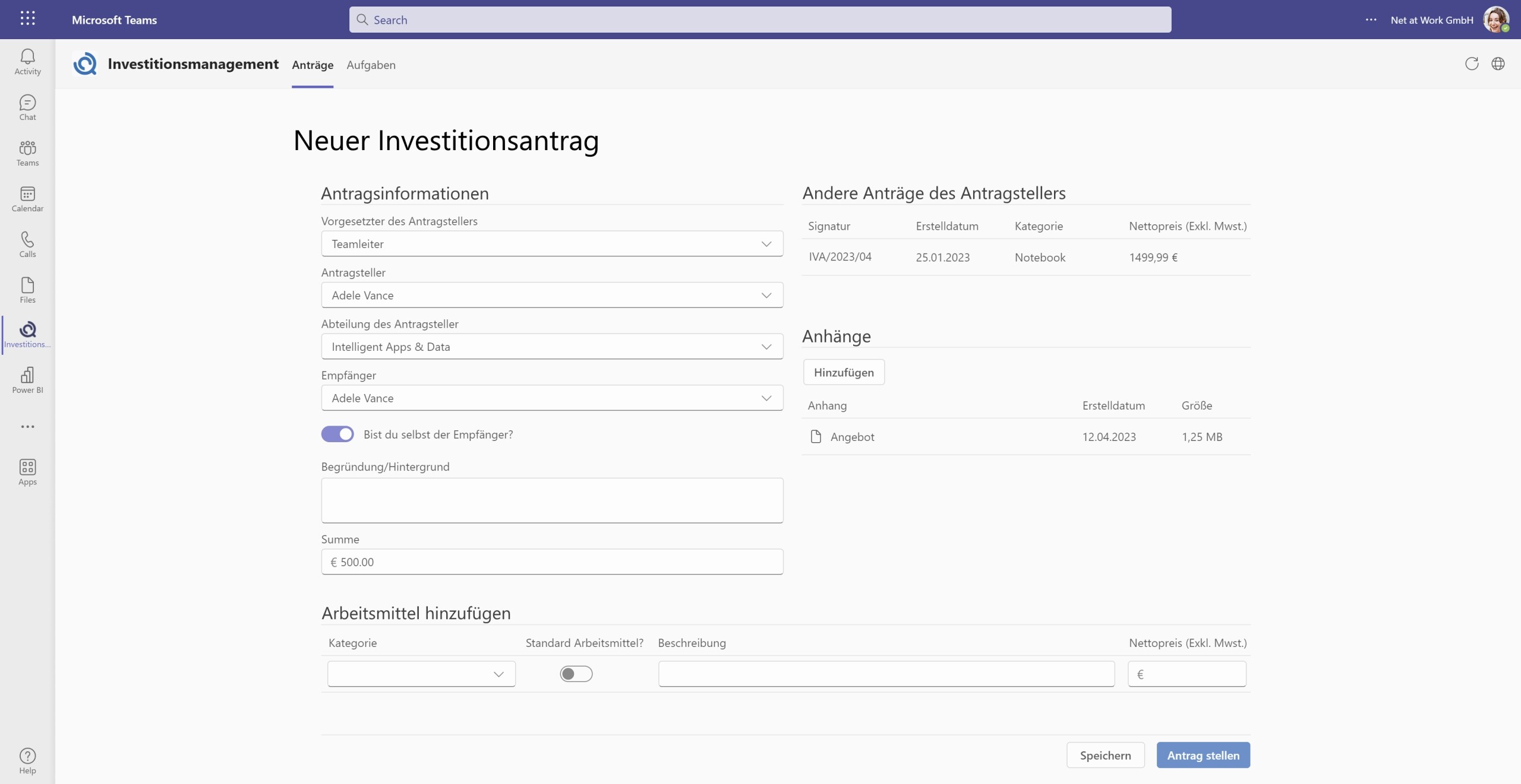 Investitionsmanagement in Microsoft Teams