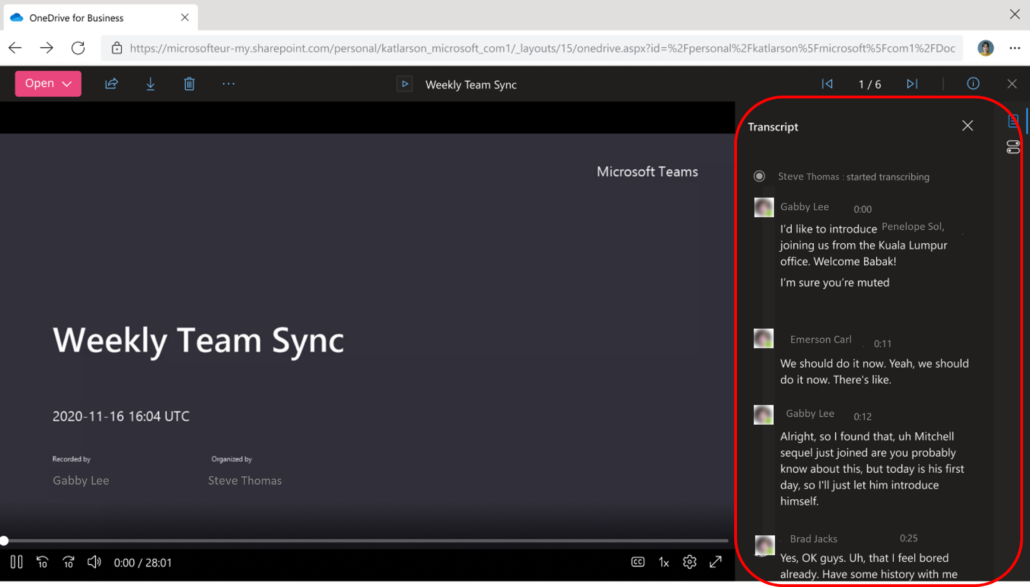Microsoft Stream Anzeige des Transkripts für eine Microsoft Teams Meeting-Aufzeichnung 2