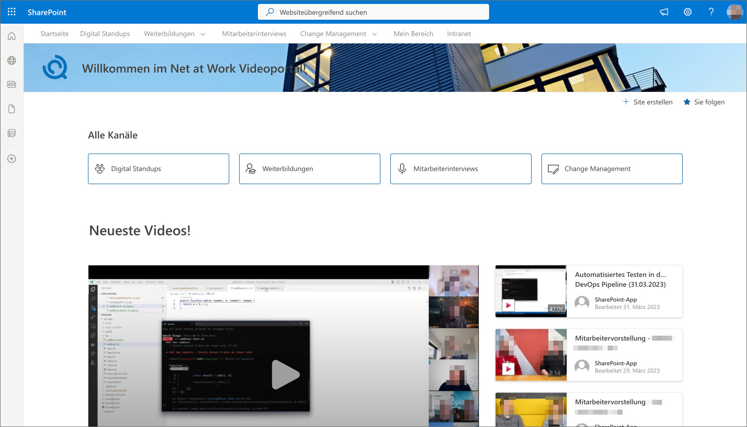 Microsoft Stream SharePoint Videoportal: Beispiel-Startseite von Net at Work