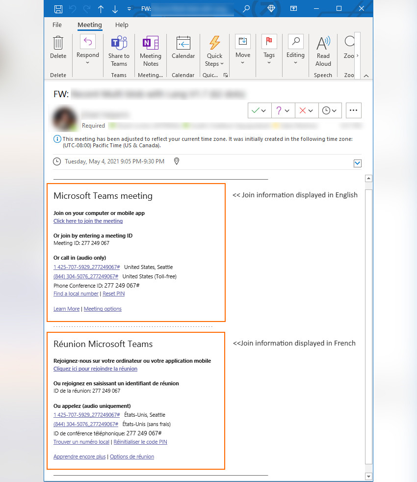 Screenshot einer Teams Meeting-Einladung in Outlook mit den Beitrittsinformationen in Englisch und Französisch