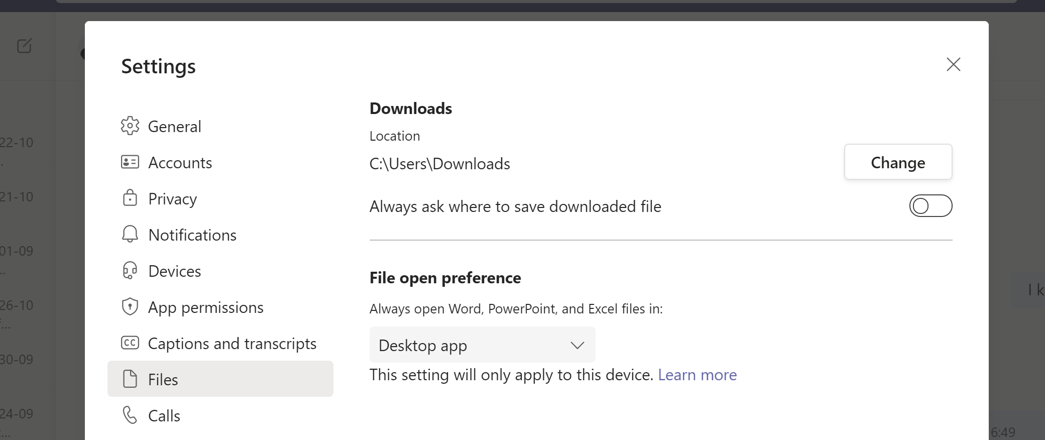 Einstellungen zur Auswahl eines benutzerdefinierten Download-Speicherorts für Microsoft Teams Dateien
