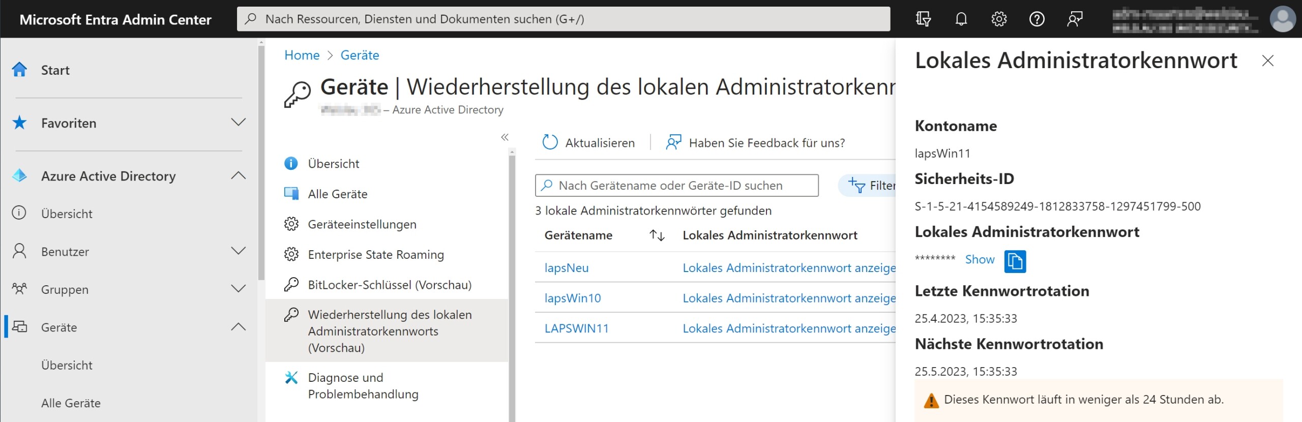 Windows LAPS: Detailansicht der Verwaltung der Passwörter im Azure Active Directory