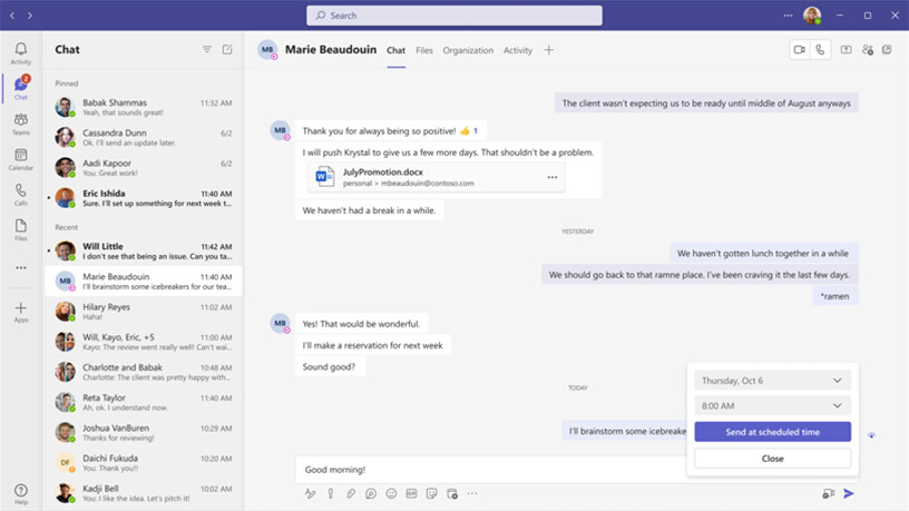 Durch Rechtsklick auf die „Senden“-Schaltfläche erreichen Sie das Menü zum zeitverzögerten Versand einer Teams Chat-Nachricht (Teams Desktop)